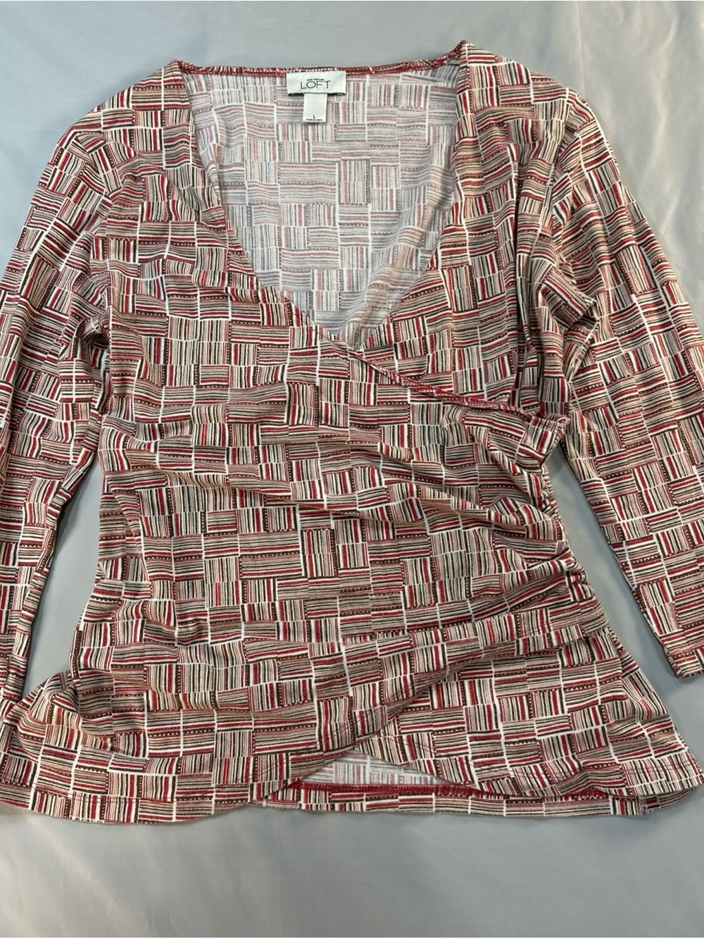 Ann Taylor Red and Cream Geometric Wrap-Style V-Neck Blouse